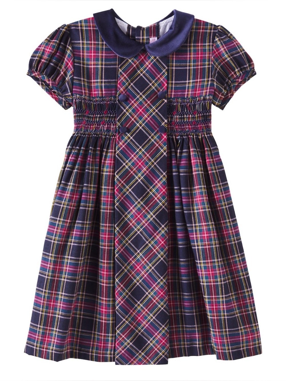 La Coqueta - Girls Navy Plaid Arcadia Smocked Dress -  Velvet Collar - Size: 8Y